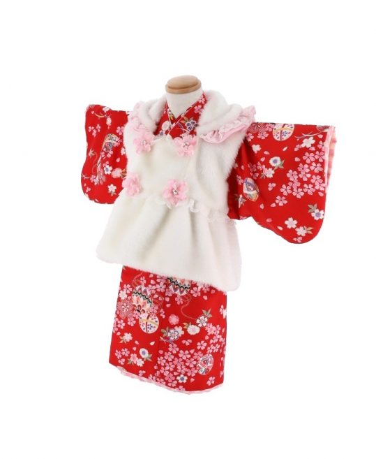 七五三 1〜2歳女の子用被布[かわいい系] 白にピンクの花飾り (着物)赤に毬と桜No.81H